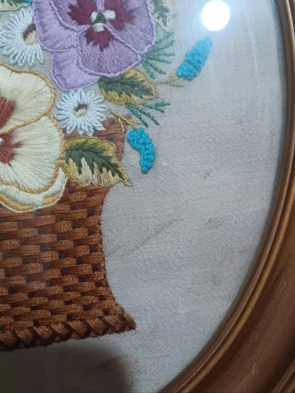 Vintage Completed Framed Floral Embroidery Wall Art - Purple and Cream Pansies